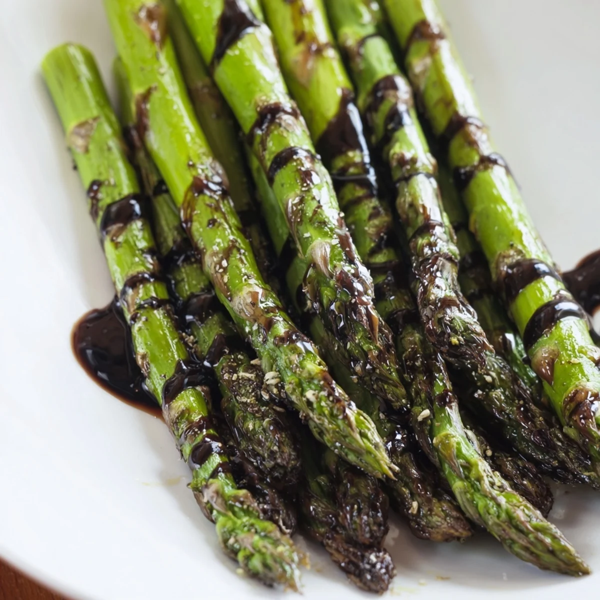 Golden-brown roasted asparagus spears glisten with a sweet balsamic reduction on a white platter, ready to serve alongside grilled chicken or fish.