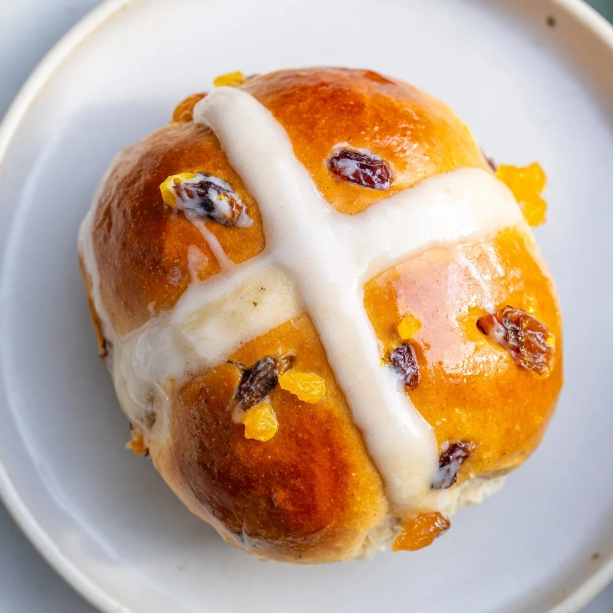 Golden brown Easter Hot Cross Buns fresh from the oven on a wire rack, showcasing their glossy glaze and spiced aroma.