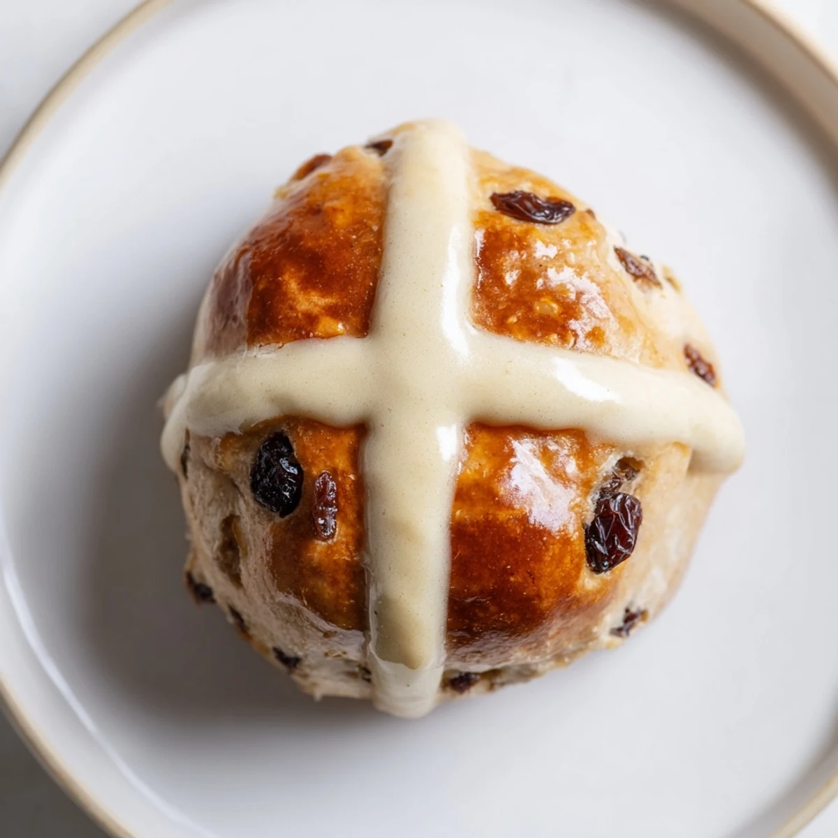 Fluffy Easter Hot Cross Buns with a delicate cross, served warm on a plate ready for butter and tea.