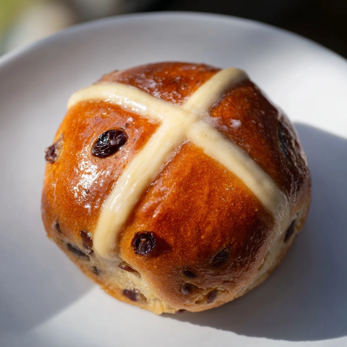 Freshly baked Easter Hot Cross Buns with visible dried fruit and a shiny apricot glaze, perfect for a festive spread.