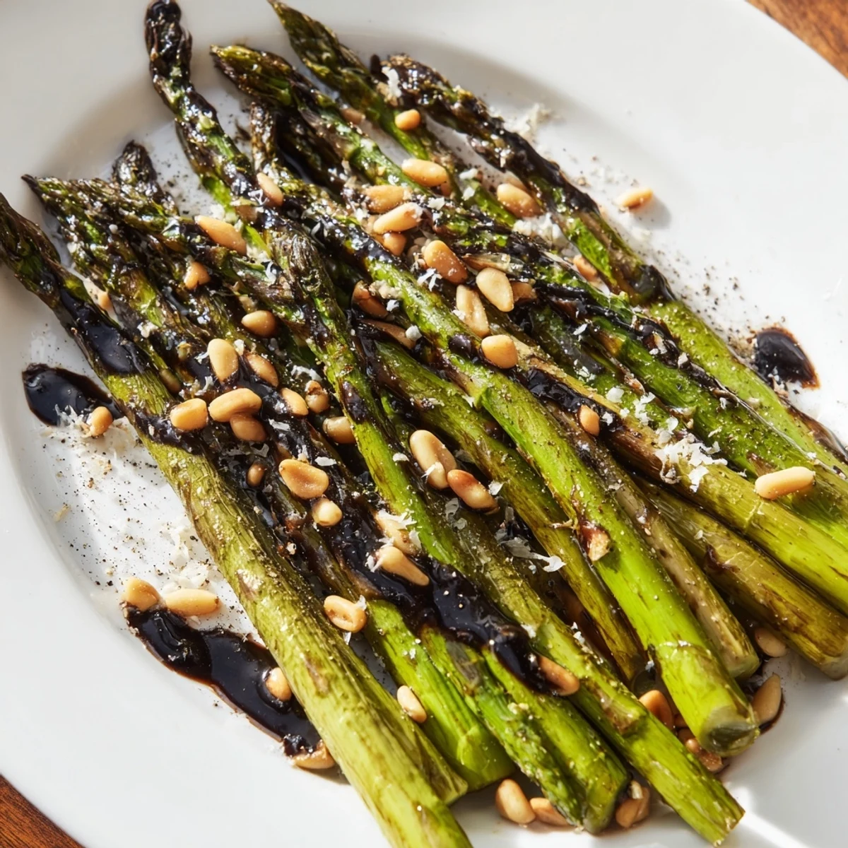 Freshly roasted asparagus with olive oil and salt, finished with tangy-sweet balsamic glaze and pine nuts.