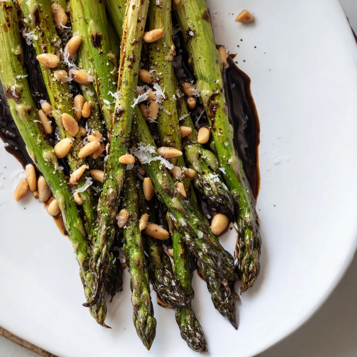 Elegant vegetarian side dish of roasted asparagus, topped with balsamic reduction and optional shaved Parmesan cheese.