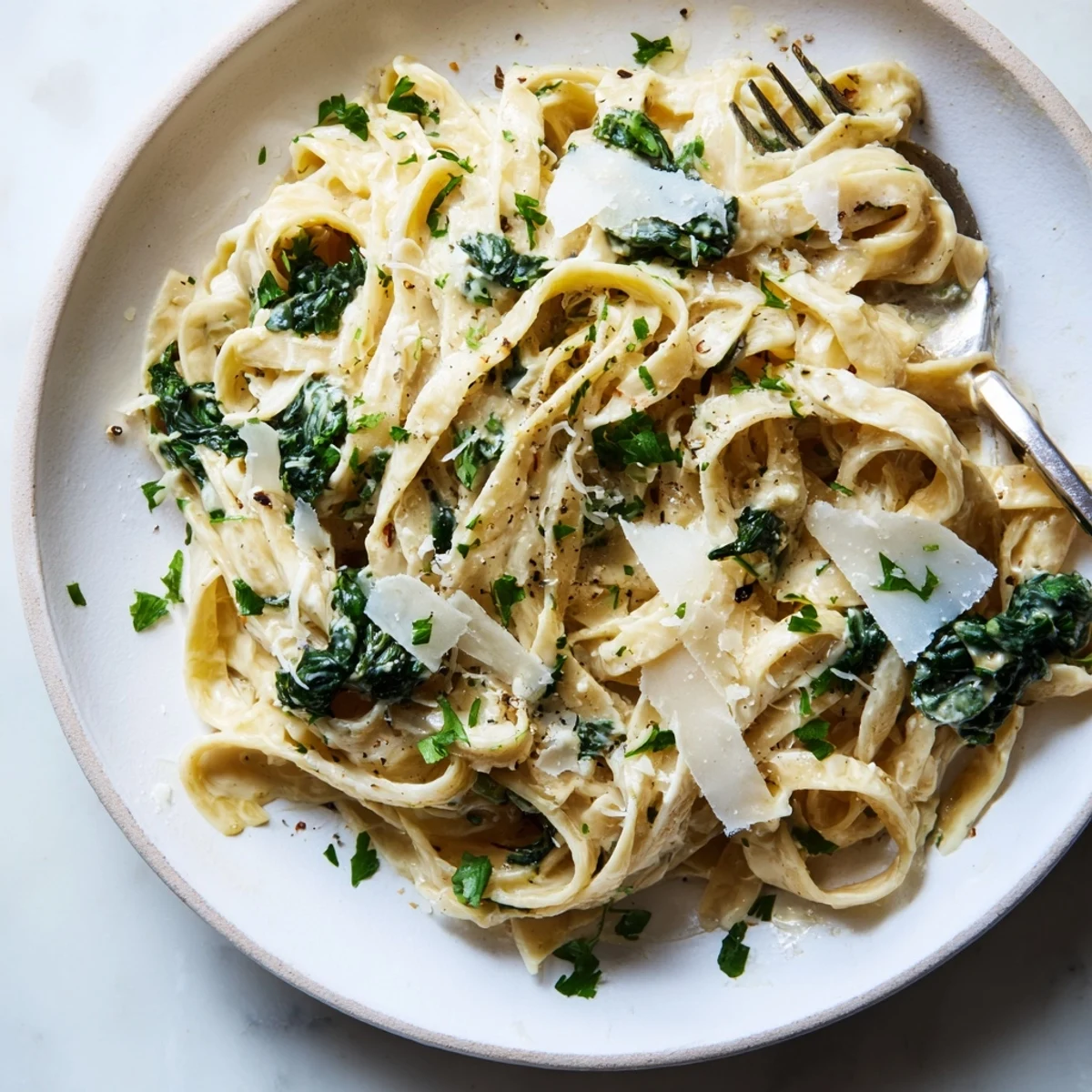 Freshly cooked creamy spinach pasta with garlic sauce in a white bowl, topped with extra Parmesan and fresh parsley.  