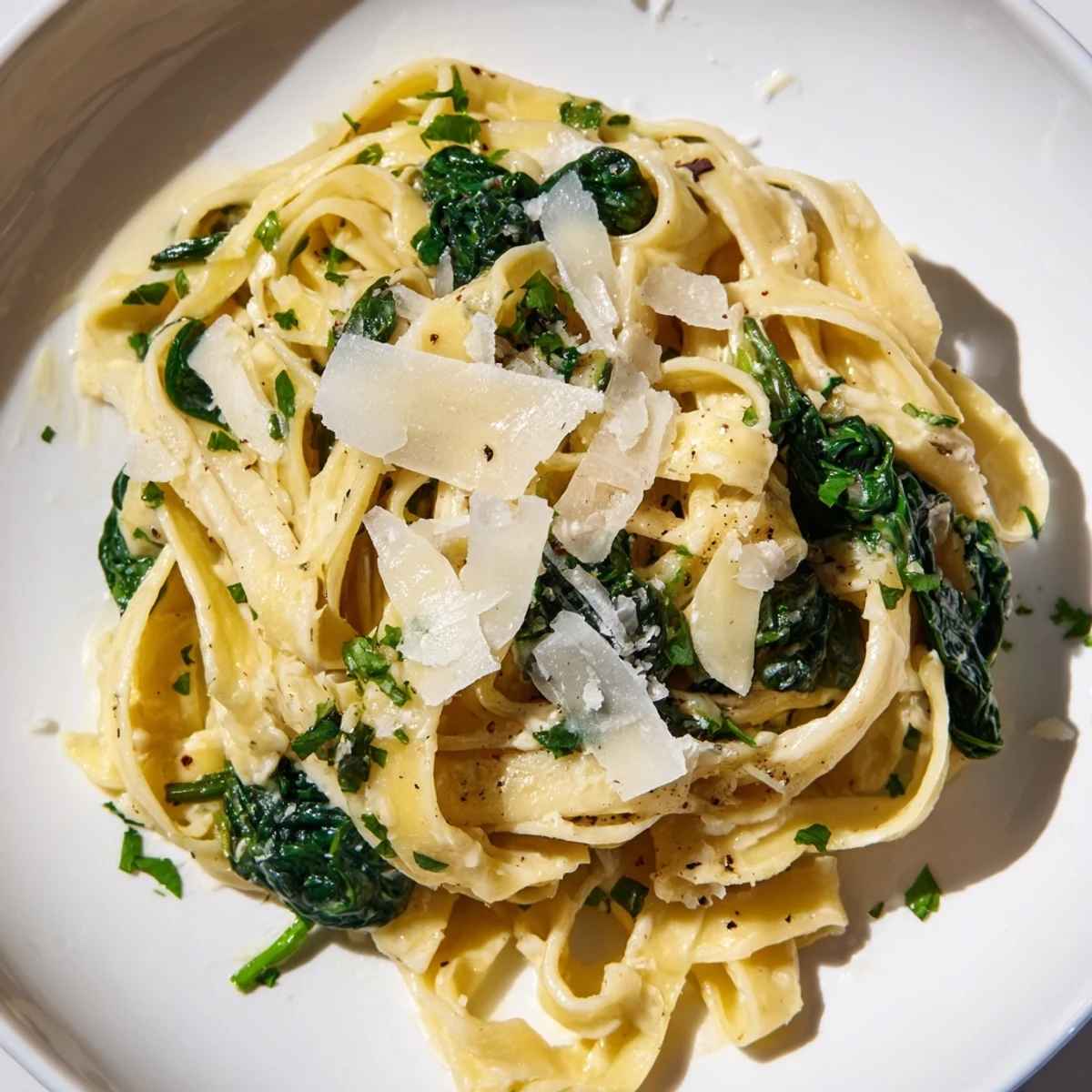A close-up view of creamy spinach pasta with garlic sauce, showing wilted greens and glossy sauce coating the penne.  
