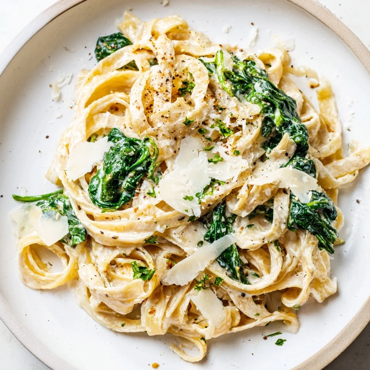 A comforting plate of creamy spinach pasta with garlic sauce, served alongside a slice of crusty Italian bread.