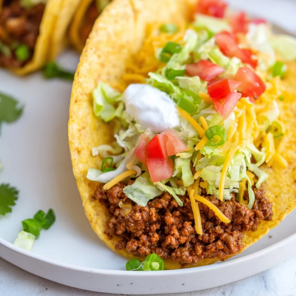 Crispy hard-shell Beef Tacos loaded with seasoned ground beef, melted cheddar, lettuce, and diced tomatoes for a classic family dinner.  