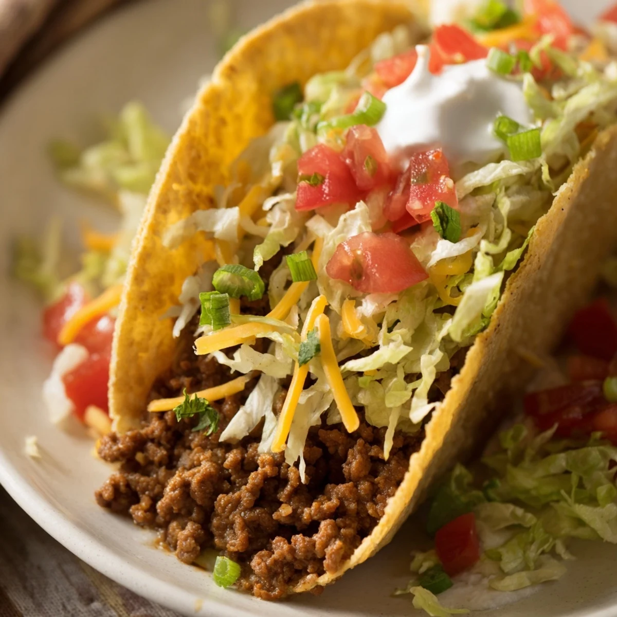 Close-up of golden hard-shell Beef Tacos filled with savory meat, vibrant veggies, and melty cheese, ready to serve with salsa.