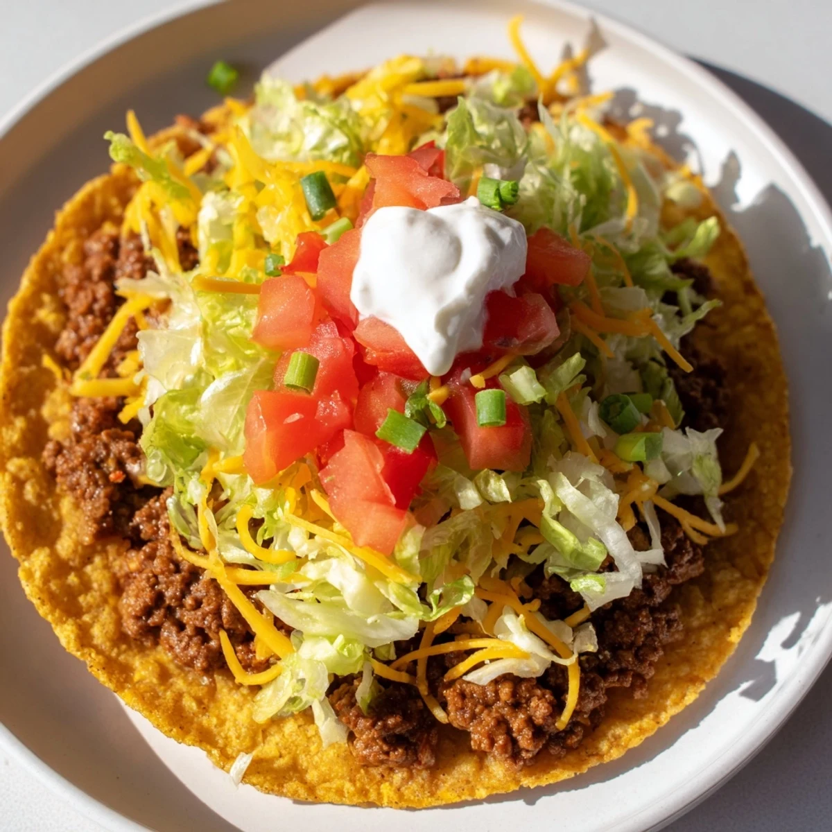 Sizzling ground beef filling in toasted hard shells topped with shredded cheese, fresh lettuce, and creamy sour cream on a plate.  