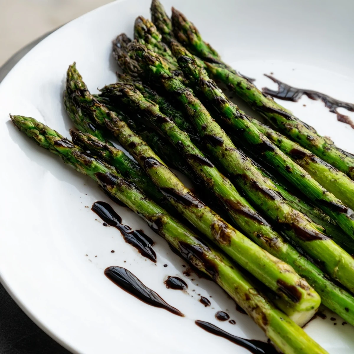 Crisp roasted asparagus with balsamic glaze arranged on a white plate with lemon wedges.