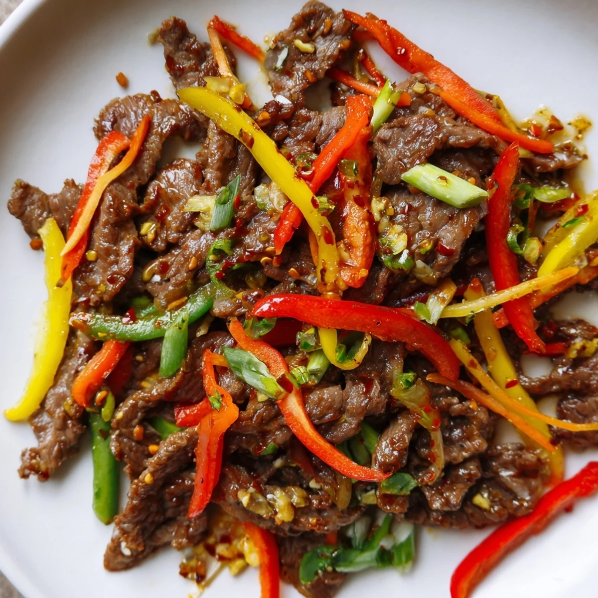 Tender beef strips and crisp veggies in a spicy beef stir fry with vegetables, garnished with fresh green onions and steam rising.