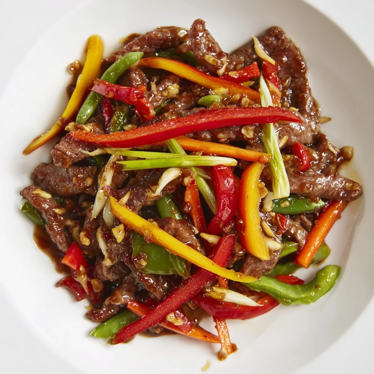 Sizzling spicy beef stir fry with vegetables in a wok, with colorful bell peppers, snap peas, and carrots coated in glossy sauce.
