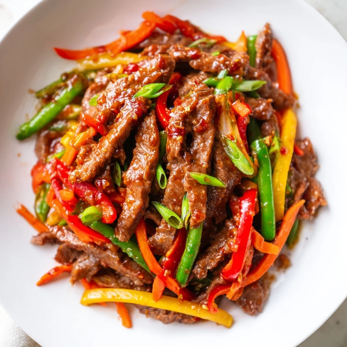 A close-up of spicy beef stir fry with vegetables served over jasmine rice, highlighting sesame seeds and a drizzle of chili garlic sauce.