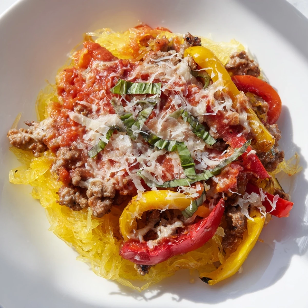 A close-up of the Sausage and Peppers Spaghetti Squash Casserole reveals savory sausage crumbles and vibrant bell peppers in tomato sauce.
