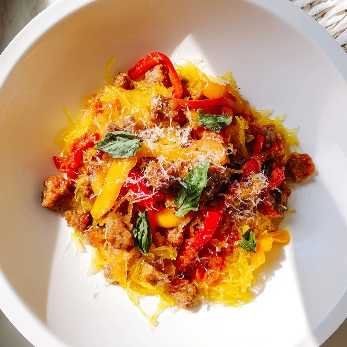 Golden baked Sausage and Peppers Spaghetti Squash Casserole with bubbly mozzarella and fresh basil garnish.