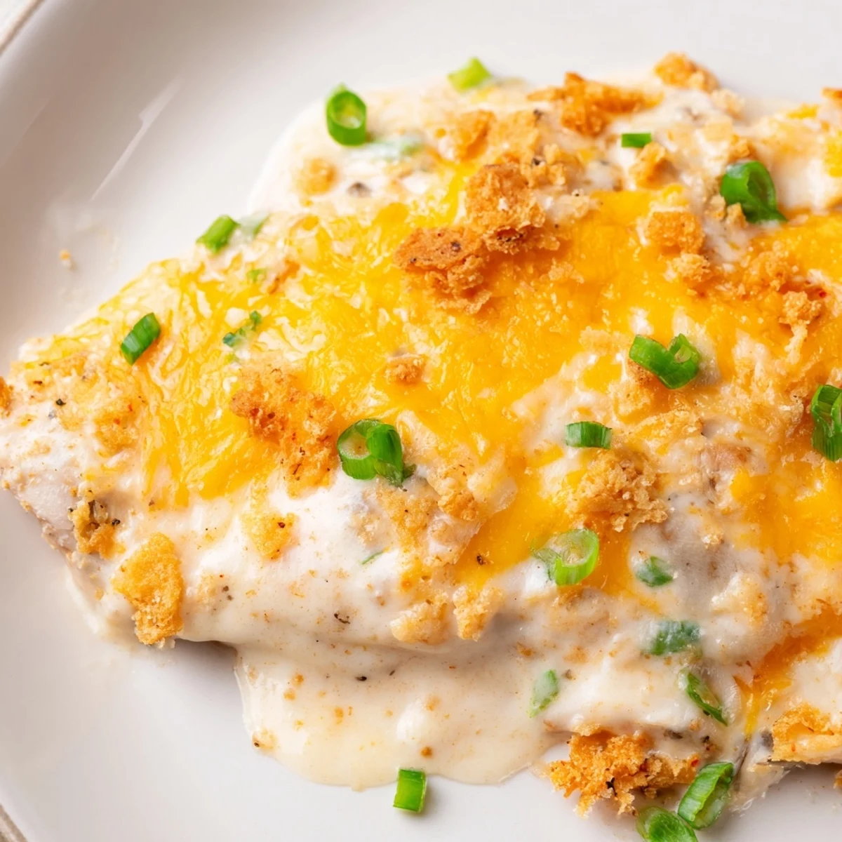 Tender baked Sour Cream and Onion Chicken breasts in a creamy, cheesy sauce, garnished with fresh green onions on a rustic plate.