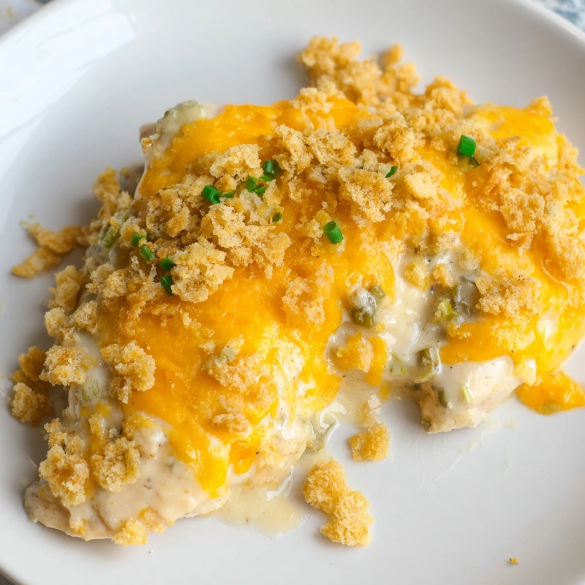 Juicy Sour Cream and Onion Chicken fresh from the oven, bubbling with melted cheddar and onions, ready to serve over fluffy mashed potatoes.