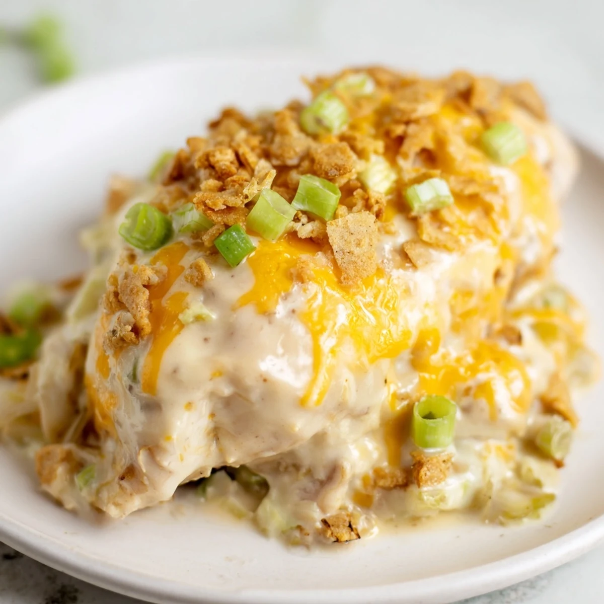 Gluten-free Sour Cream and Onion Chicken resting in a baking dish, topped with crunchy chips and a side of colorful steamed vegetables.