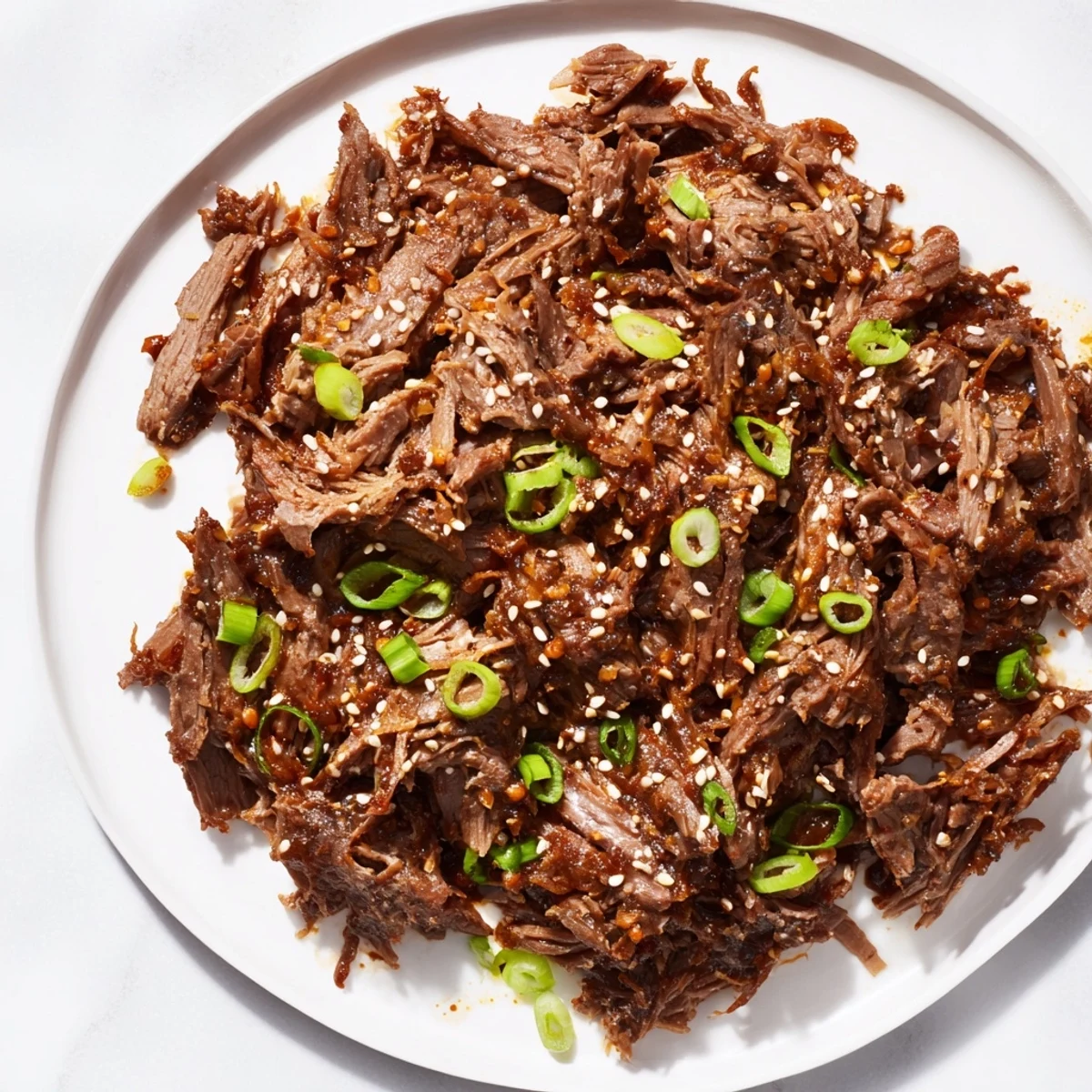 Steaming slow cooker Korean beef in a dark ceramic bowl, garnished with sesame seeds and green onions.