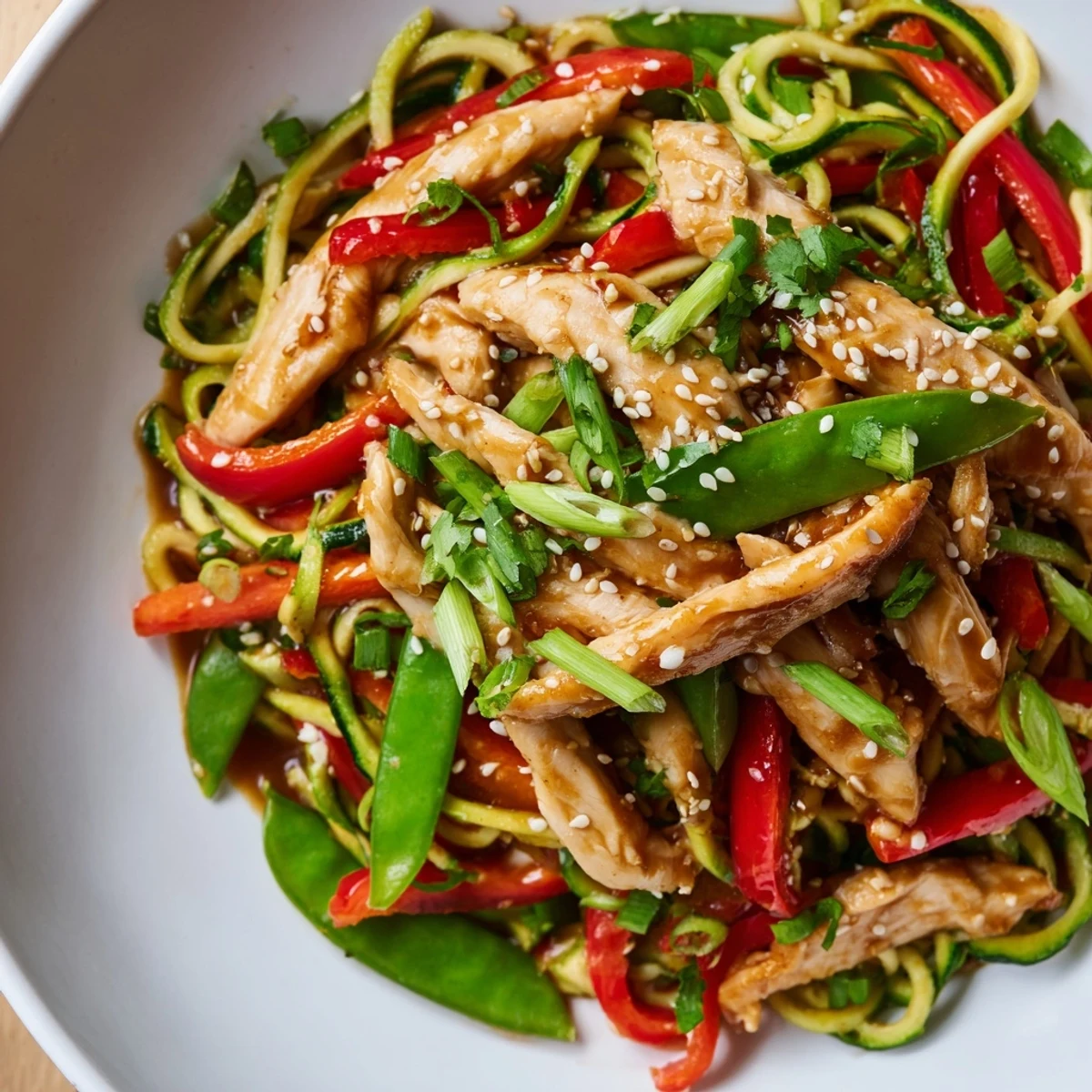 Brightly colored Garlic Chicken Zucchini Noodles Stir Fry sizzles in a hot wok with crisp bell peppers and snap peas.