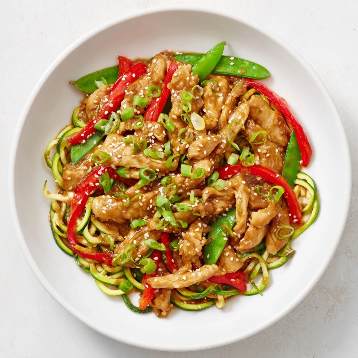 Tender chicken coated in a glossy garlic sauce is tossed with fresh zucchini noodles in this healthy low-carb meal.