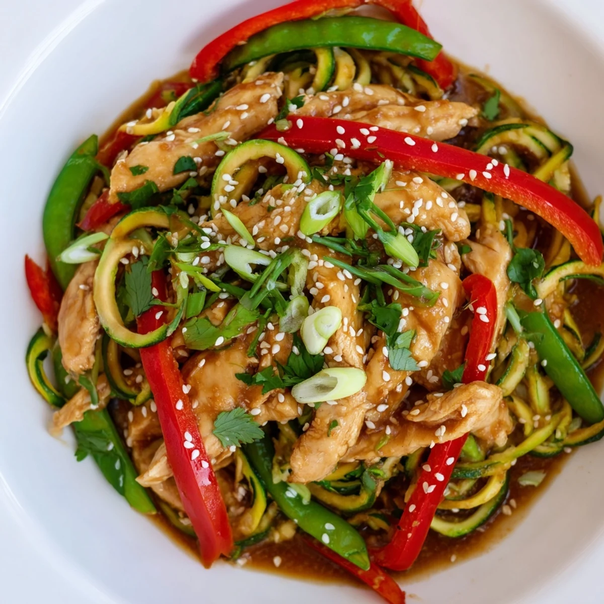 A close-up view shows a serving of Garlic Chicken Zucchini Noodles Stir Fry garnished with sesame seeds and cilantro.