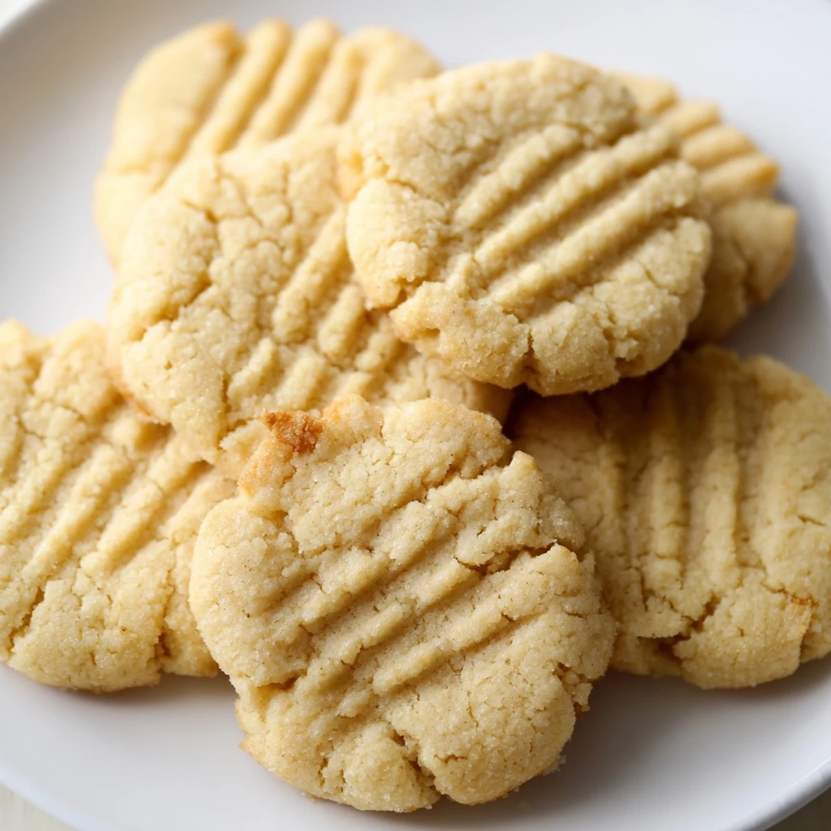 A close-up view of soft Keto Butter Cookies with a rich buttery sheen, arranged on a white plate.