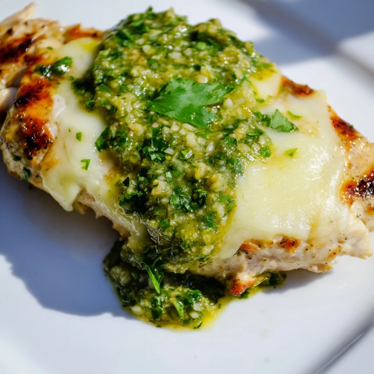Juicy grilled Grilled Salsa Verde Pepper Jack Chicken breasts topped with zesty salsa verde and melted pepper jack cheese garnished with cilantro and lime wedges.