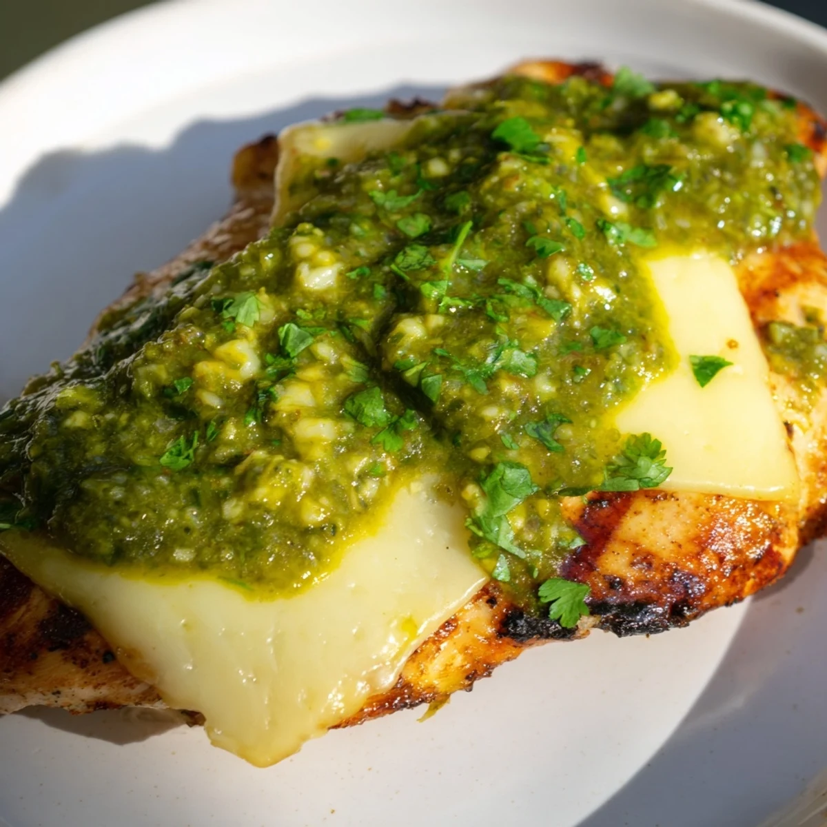 Close up of tender Grilled Salsa Verde Pepper Jack Chicken on a grill grate with smoky char marks and a drizzle of green salsa.