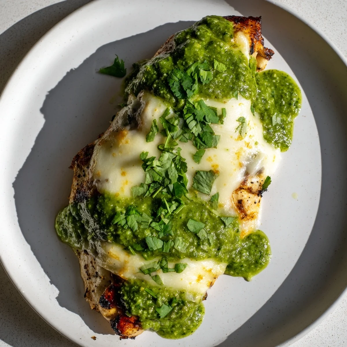 Sizzling Grilled Salsa Verde Pepper Jack Chicken served hot with melted cheese and vibrant salsa verde, garnished with avocado slices on a summer table.