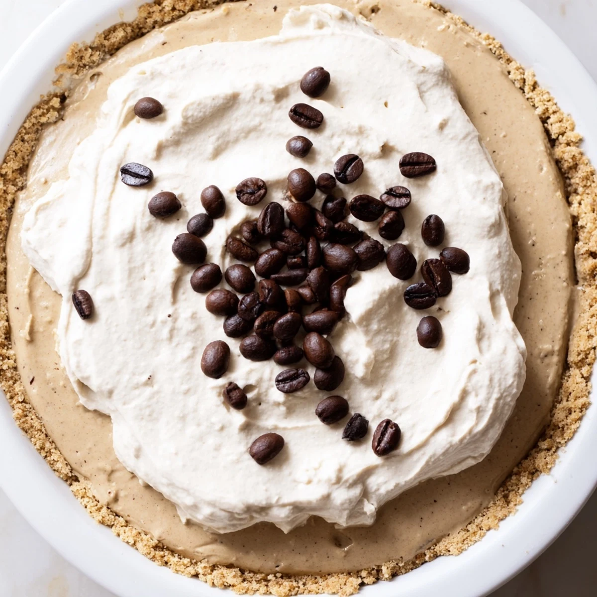 A chilled Keto Cold Brew Coffee Pie slice on a marble surface with a fork, garnished with cocoa powder. 