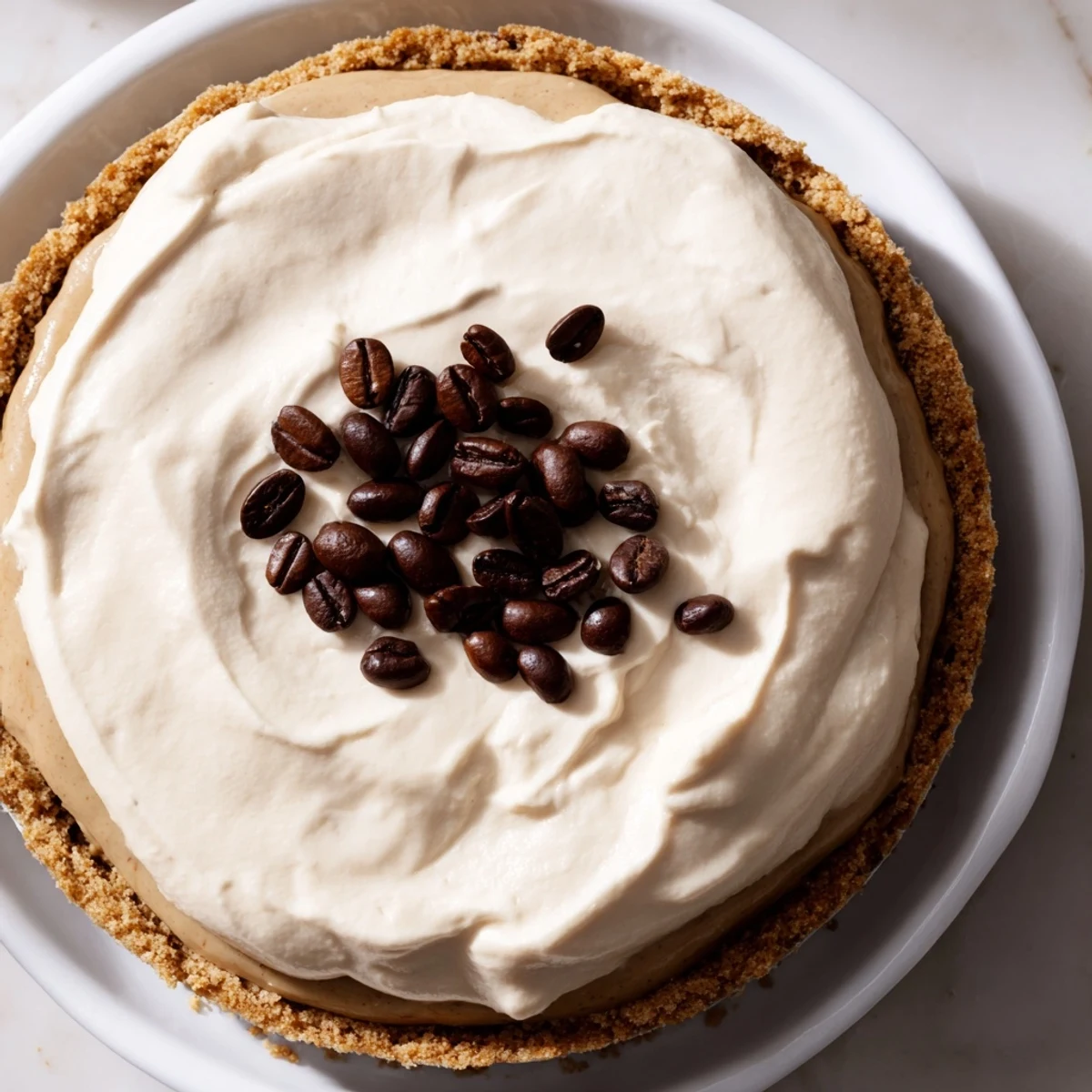 Rich Keto Cold Brew Coffee Pie topped with whipped cream and coffee beans, ready to serve chilled.
