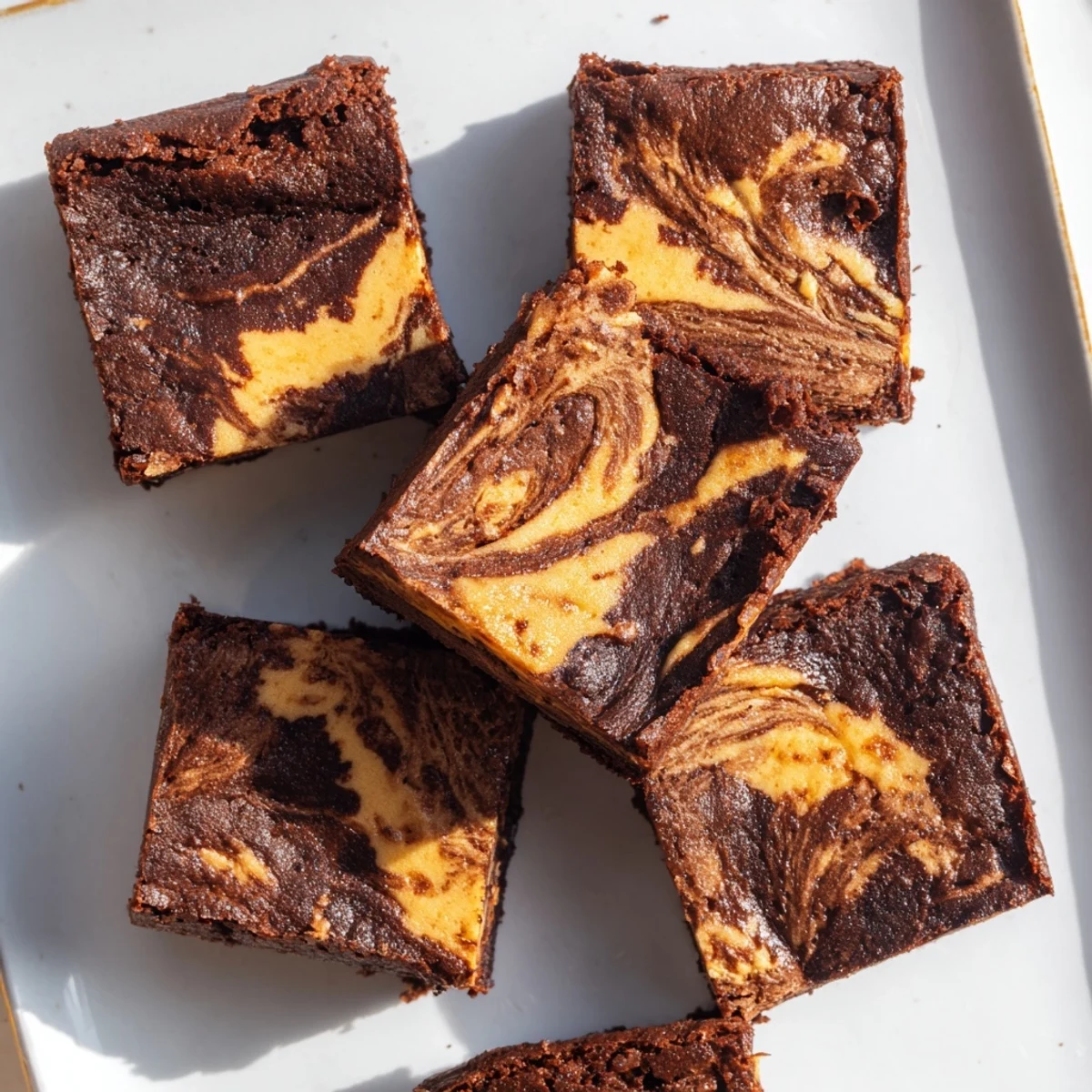 Golden-brown Cottage Cheese Brownies with a visible marbled swirl of creamy cottage cheese on a wooden cutting board.