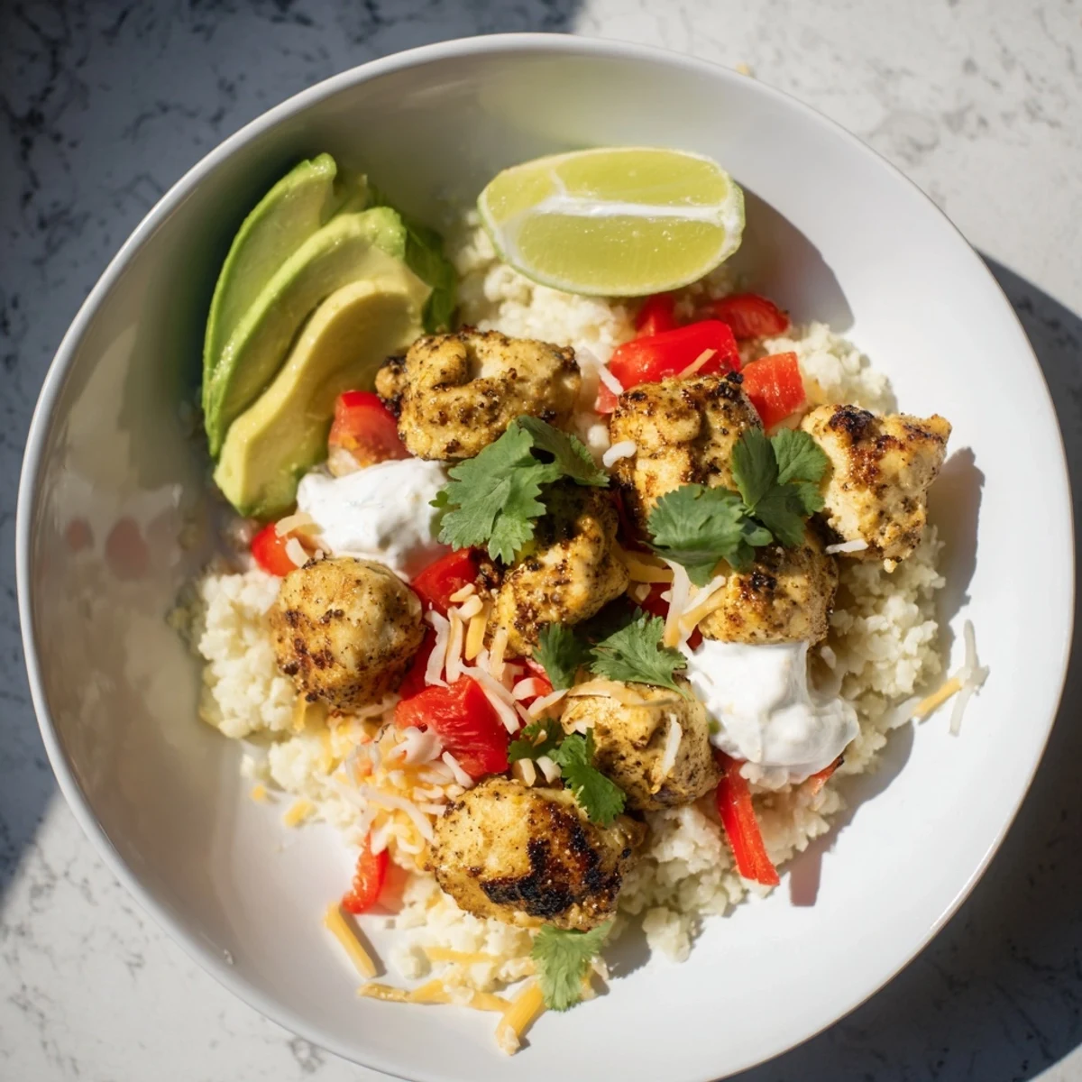 The Low Carb Burrito Bowl features sliced avocado, melted cheese, and zesty salsa with lime wedges nearby.