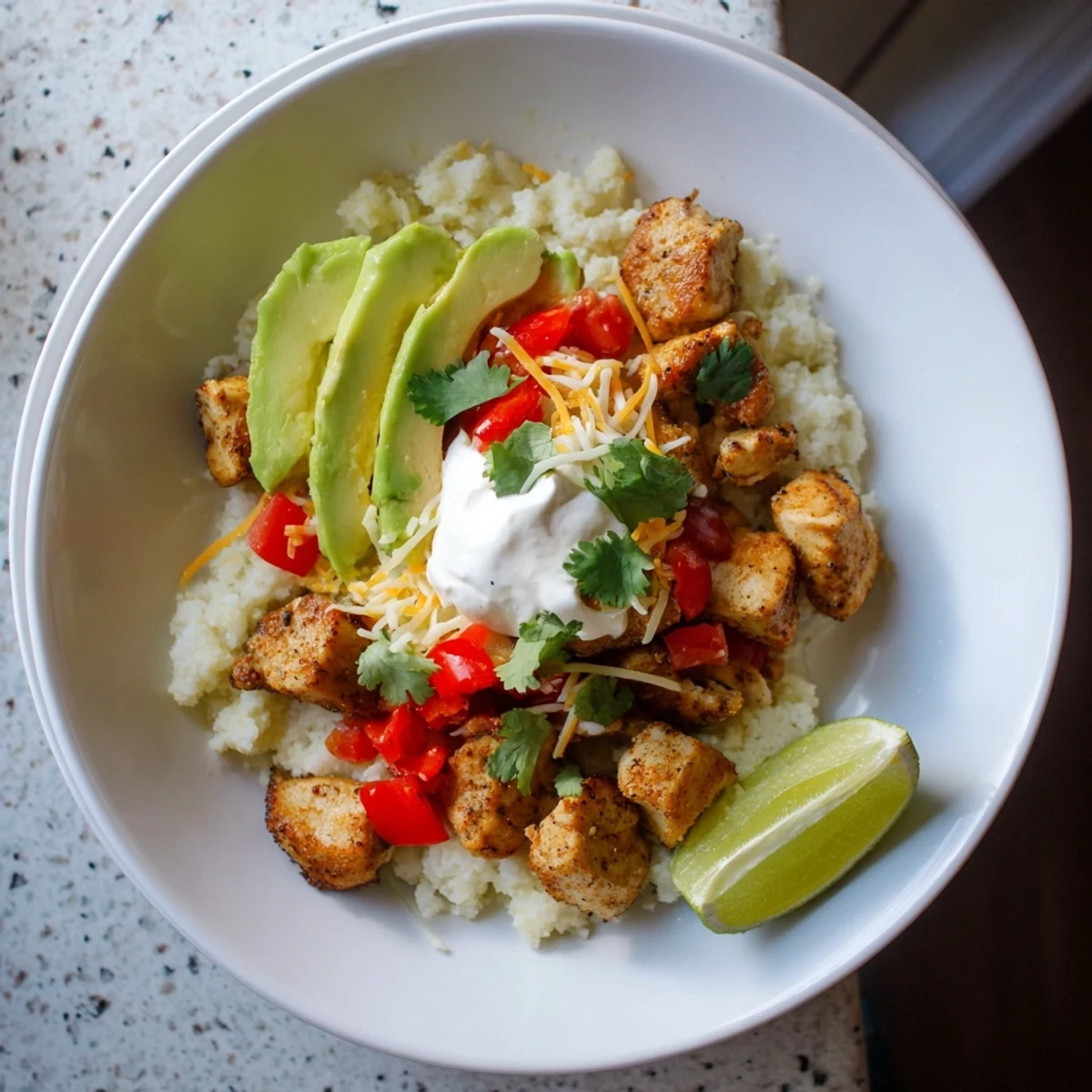 A vibrant Low Carb Burrito Bowl with seasoned chicken, cauliflower rice, and fresh toppings on a white plate.