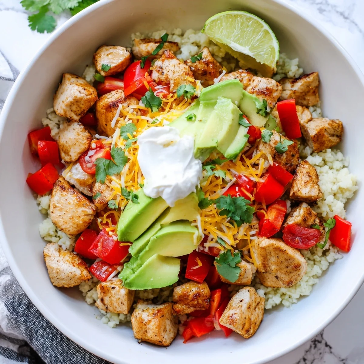 Close-up of a Low Carb Burrito Bowl showing colorful veggies and sour cream drizzled over the base.