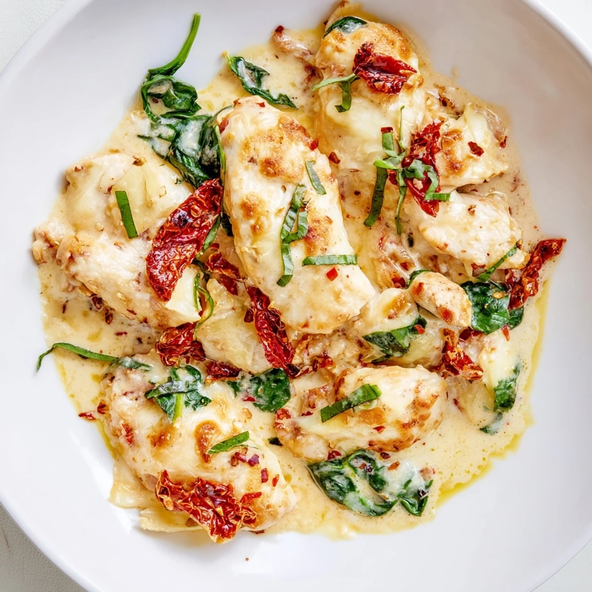 Golden, bubbly mozzarella tops the Marry Me Low Carb Chicken Casserole with sun-dried tomatoes peeking out.