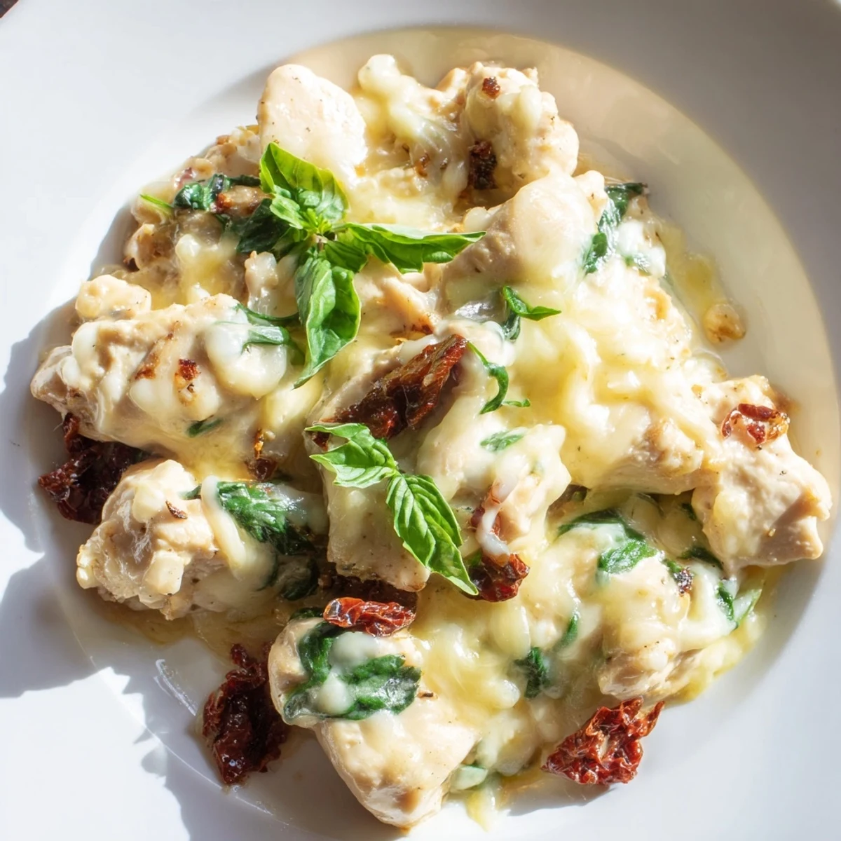 A spoon scoops a generous serving of Marry Me Low Carb Chicken Casserole over creamy cauliflower rice.