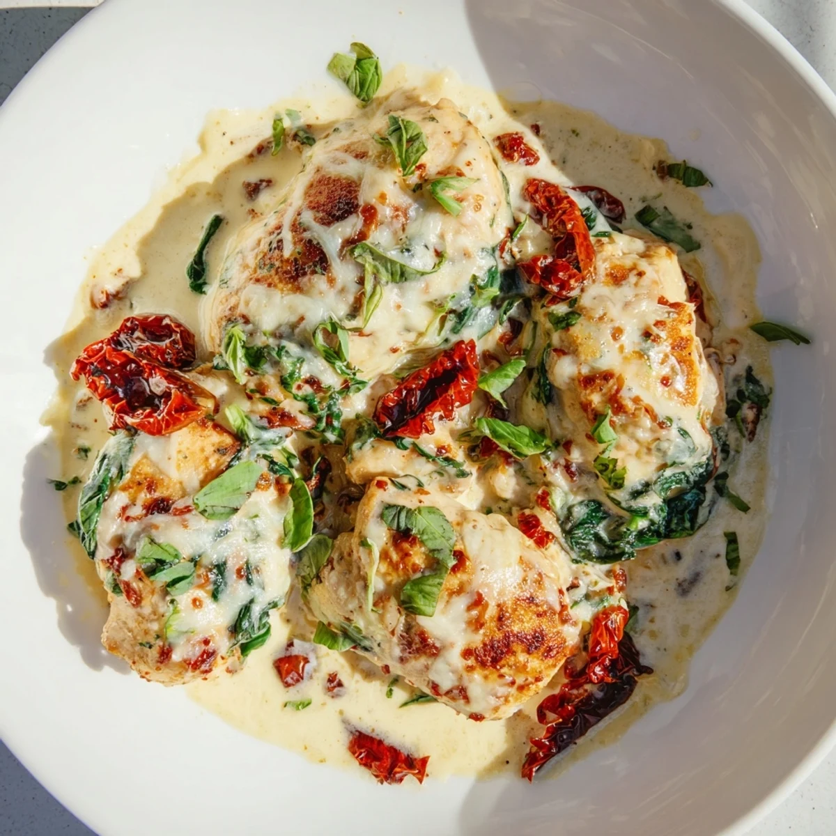 Fresh basil garnishes the Marry Me Low Carb Chicken Casserole straight from the oven, steam rising.