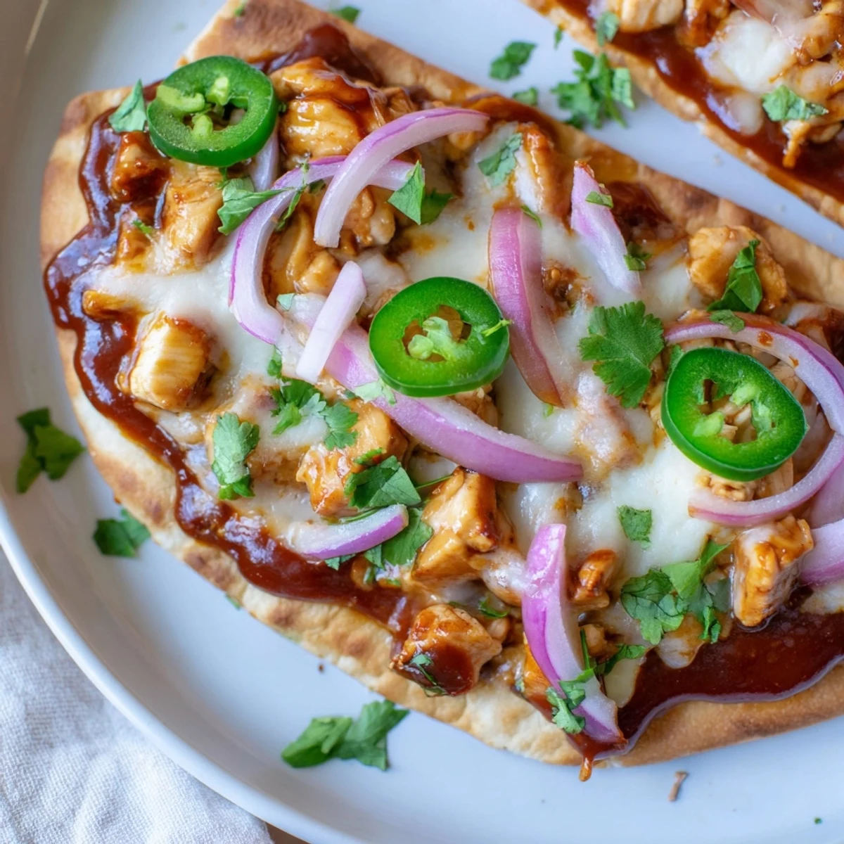 Golden BBQ Chicken Flatbread with melted mozzarella and cheddar, topped with red onion and jalapeños, sliced on a wooden board.