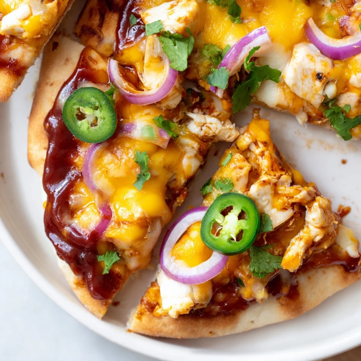 A close view of BBQ Chicken Flatbread topped with juicy shredded chicken, fresh cilantro, and colorful veggies, cut into wedges.