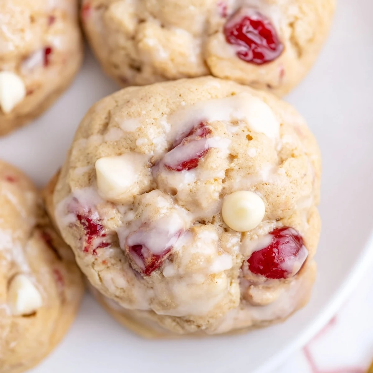 Freshly baked Irresistible Maraschino Cherry Cookies with a pink glaze on a white plate.  