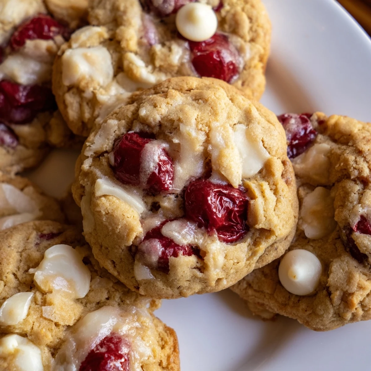 Close-up view of Irresistible Maraschino Cherry Cookies studded with red cherries and drizzled glaze.