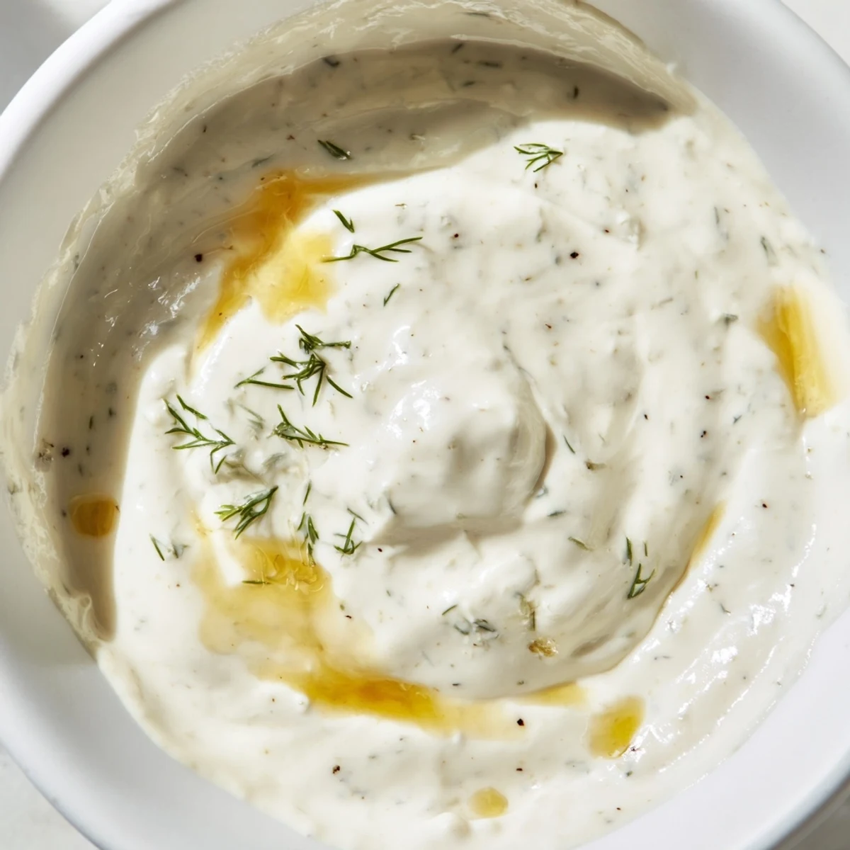 A close-up shot of creamy hot honey ranch crispy chicken tenders sauce in a small white bowl, garnished with fresh dill and a swirl of honey.
