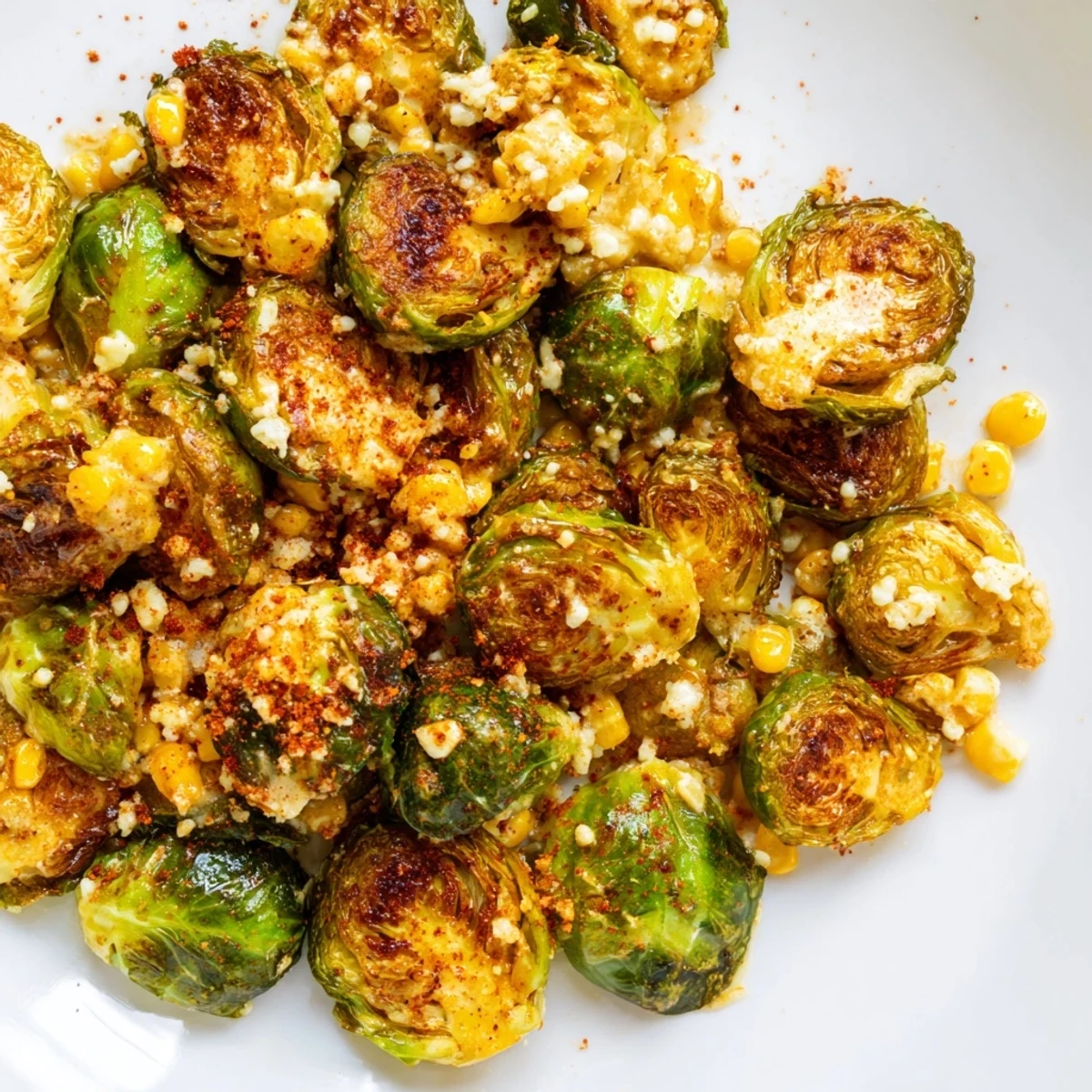 Golden roasted Brussels sprouts and charred corn tossed in a creamy lime sauce, topped with cotija cheese and chili powder for Mexican Street Corn Brussels Sprouts Delight.