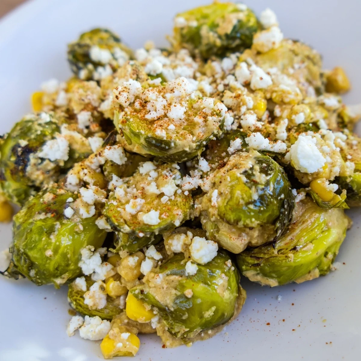A vibrant bowl of Mexican Street Corn Brussels Sprouts Delight served warm with lime wedges and fresh cilantro for a tangy side dish or vegetarian main.