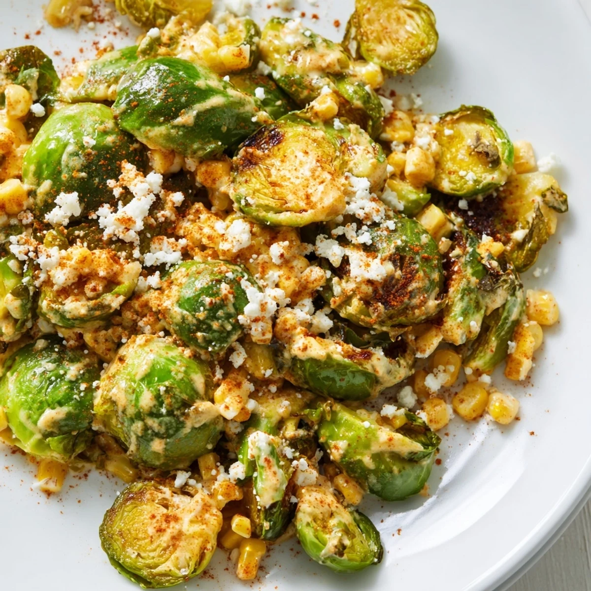 Close-up photo showing crispy Brussels sprouts, sweet corn, creamy dressing, and crumbled cotija cheese for a vegetarian, gluten-free Mexican Street Corn Brussels Sprouts Delight.