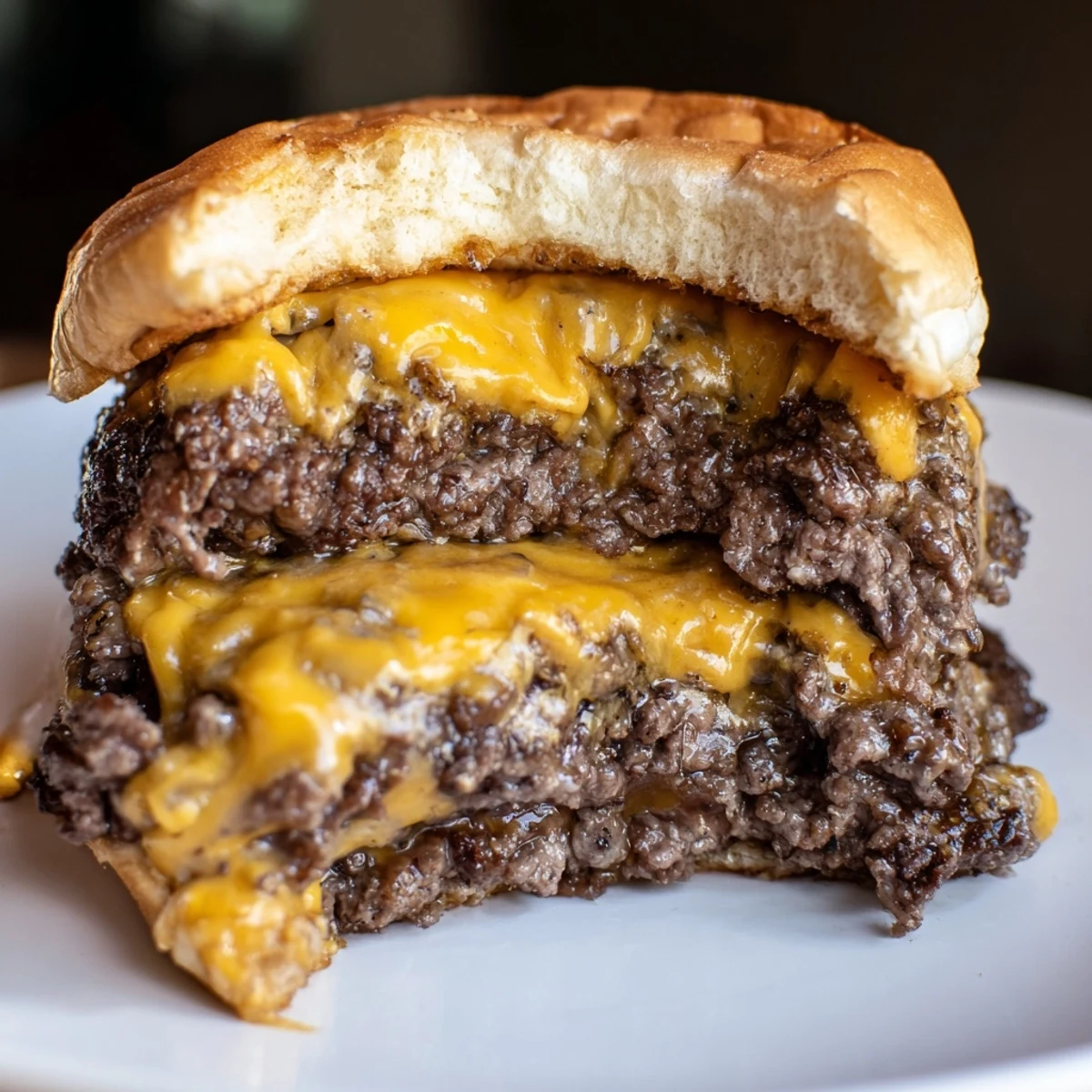 Stacked Flying Dutchman Burger with juicy beef patties and melted cheese, served without a bun on a plate.