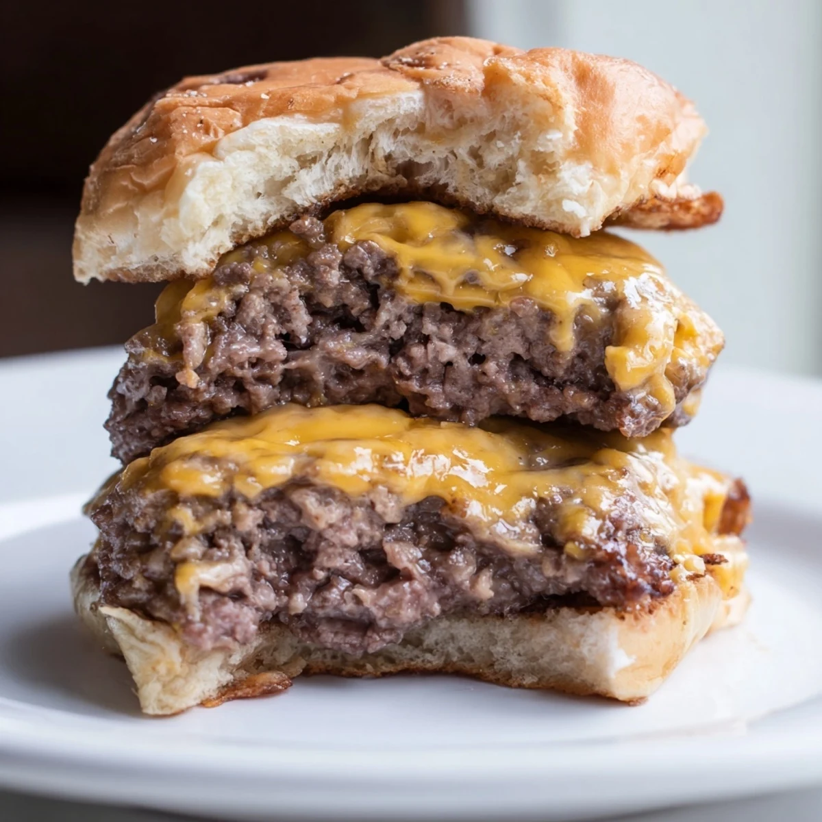 Flying Dutchman Burger shows golden-brown beef layers with melted cheese and grilled onions, ready to enjoy.