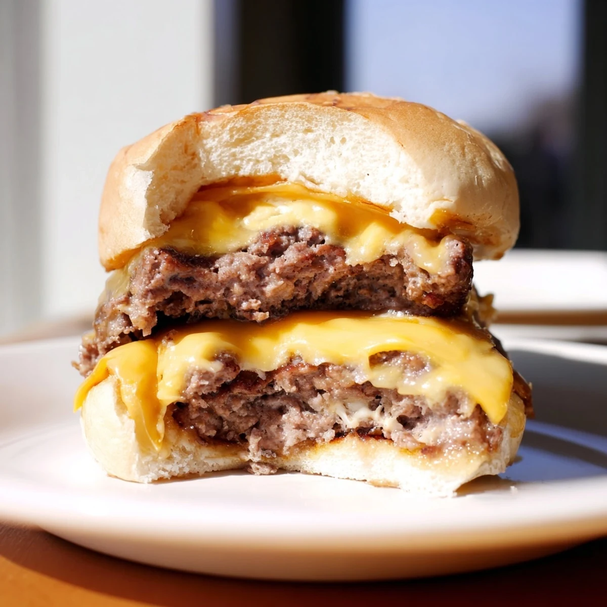 Close-up of Flying Dutchman Burger highlighting melted cheese oozing between beef patties and crisp lettuce.