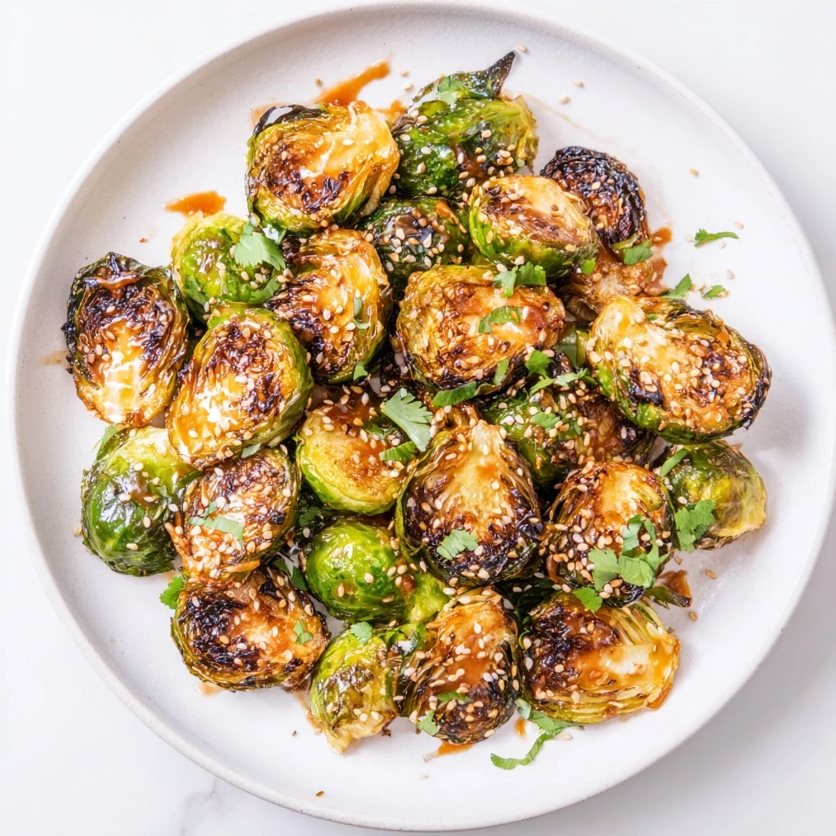 Crispy Honey Sriracha Brussels sprouts glistening with sticky glaze on a white plate with sesame seeds.  
